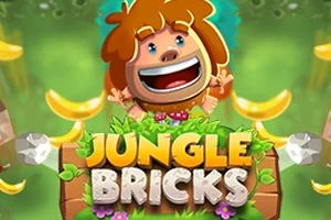 Usmiaty kreslený postavička s hnedými vlasmi obklopená banánmi a listami s nápisom Jungle Bricks