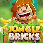 Usmiaty kreslený postavička s hnedými vlasmi obklopená banánmi a listami s nápisom Jungle Bricks