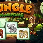 Názov Jungle Mahjong na drevenej tabuli obklopenej tropickou vegetáciou s ilustráciami zvierat ako koala, mačka, opica a lemur