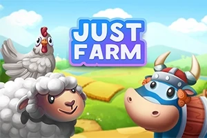 Kreslená ovca a krava s helmou na lúke s nápisom JUST FARM v pozadí a sliepkou na ovčej hlave