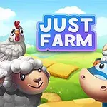 Kreslená ovca a krava s helmou na lúke s nápisom JUST FARM v pozadí a sliepkou na ovčej hlave