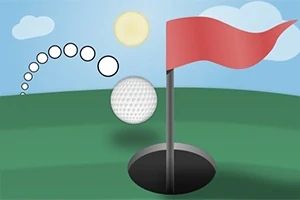 Golfová loptička letí vzduchom smerom k jamke so zástavkou na zelenom trávniku pod jasnou oblohou