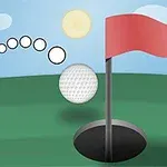 Golfová loptička letí vzduchom smerom k jamke so zástavkou na zelenom trávniku pod jasnou oblohou