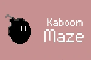 Čierno-biela pixelová ilustrácia bomby vedľa nápisu Kaboom Maze na ružovom pozadí