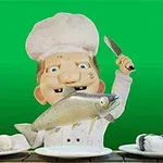 Kreslený kuchár držiaci rybu a nôž nad taniermi so sushi, s jasným zeleným pozadím