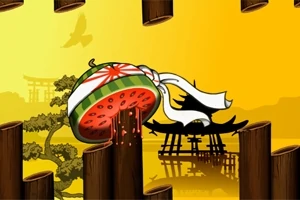 Melón rozrezaný na polovicu s bielou stuhou na žltom pozadí s drevenými stĺpikmi a siluetou stromu a japonskej brány