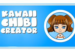 Modrá grafika s textom Kawaii Chibi Creator a obrázkom kreslenej postavičky s hnedými vlasmi v kruhu