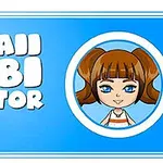 Modrá grafika s textom Kawaii Chibi Creator a obrázkom kreslenej postavičky s hnedými vlasmi v kruhu