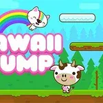 Roztomilá grafika s usmievavou mačičkou s dúhou, kravičkou a želatínovým tvorom na farebnom pozadí s nápisom Kawaii Jump