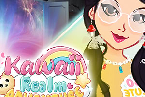Ilustrácia dievčaťa s okuliarmi, pestrofarebný názov Kawaii Realm Adventure s duhou a hviezdami v pozadí