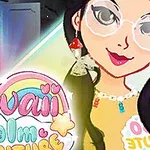 Ilustrácia dievčaťa s okuliarmi, pestrofarebný názov Kawaii Realm Adventure s duhou a hviezdami v pozadí