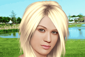 Žena s blond vlasmi stojí pred krajinou s jazerom a stromami v pozadí