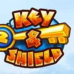 Názov Key & Shield 2 je zobrazený na modrom pozadí s grafikou kľúča a štítu