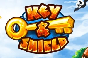 Zlatý kľúč s textom Key & Shield na modrom pozadí s kreslenými oblakmi
