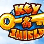 Zlatý kľúč s textom Key & Shield na modrom pozadí s kreslenými oblakmi