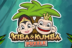 Dvaja kreslení opičiaci, jeden s korunou, pred palmou s nápisom Kiba & Kumba Puzzle