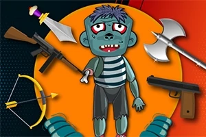 Kreslená postavička zombie obklopená rôznymi zbraňami, vrátane sekery, meča, kuše a pištole, na farebnom pozadí