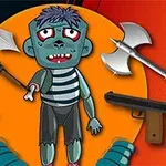 Kreslená postavička zombie obklopená rôznymi zbraňami, vrátane sekery, meča, kuše a pištole, na farebnom pozadí