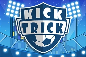 Logo s nápisom KICK TRICK na modrom erbe s futbalovou loptou a stadionovým osvetlením v pozadí