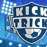 Logo s nápisom KICK TRICK na modrom erbe s futbalovou loptou a stadionovým osvetlením v pozadí