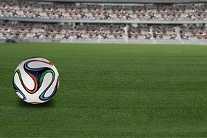 Futbalová lopta na trávniku so zaplneným hľadiskom v pozadí