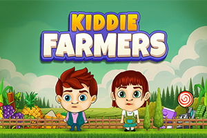 Dvaja kreslení postavičky detí stoja pred plotom s farmárskymi plodinami a sladkosťami na farme pod nápisom Kiddie Farmers