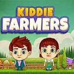 Dvaja kreslení postavičky detí stoja pred plotom s farmárskymi plodinami a sladkosťami na farme pod nápisom Kiddie Farmers