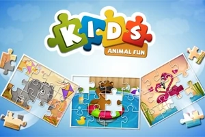Puzzle obrázky so zvieratami na modrom pozadí s farebným nápisom Kids Animal Fun