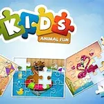 Puzzle obrázky so zvieratami na modrom pozadí s farebným nápisom Kids Animal Fun