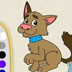 Kreslený pes s modrým obojkom, vedľa ktorého sú farby a štetec