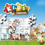 Detské puzzle s motívom kravy na farme, skladajúce sa z rôznych dielikov na farebnom pozadí s logom hore