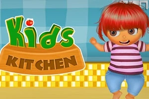 Farebné logo s textom Kids Kitchen vedľa postavičky dieťaťa s červenými vlasmi a pruhovaným tričkom na pozadí s modro-žltou kockovanou stenou