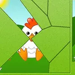 Kurča za zelenými geometrickými dielmi v tvare puzzle na lúke so slnkom a káčatkom