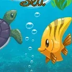Kreslená morská scéna so zelenou korytnačkou a žltou rybou s bublinkami