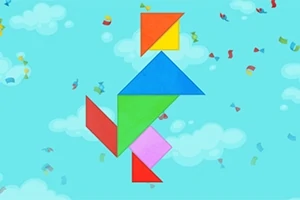 Farebný tangram na modrom podklade s oblakmi a farebnými konfetami