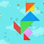 Farebný tangram na modrom podklade s oblakmi a farebnými konfetami