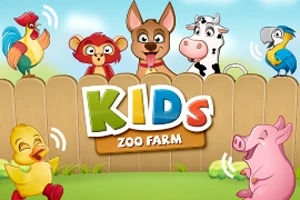 Farebné kreslené zvieratká vrátane opice, psa, kravy, papagája, kohúta, kačky a prasaťa pri drevenom plote s nápisom KIDS ZOO FARM