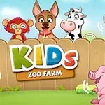 Farebné kreslené zvieratká vrátane opice, psa, kravy, papagája, kohúta, kačky a prasaťa pri drevenom plote s nápisom KIDS ZOO FARM