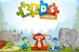 Kreslené zvieratá vrátane nosorožca, papagája, opice, hada a slona s farebným nápisom „Kids Zoo Fun“