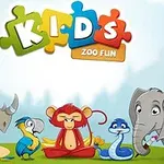 Kreslené zvieratá vrátane nosorožca, papagája, opice, hada a slona s farebným nápisom „Kids Zoo Fun“