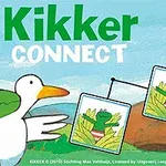 Žaba v pruhovaných nohaviciach a biely vták s oranžovým zobákom, dve karty so žabou v prírode, nápis Kikker Connect