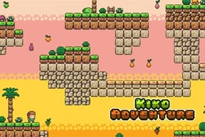 Plošinová hra s pixlovanou grafikou obsahujúca plávajúce kamenné platformy, stromy a rôzne predmety, s nápisom Kiko Adventure