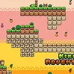 Plošinová hra s pixlovanou grafikou obsahujúca plávajúce kamenné platformy, stromy a rôzne predmety, s nápisom Kiko Adventure