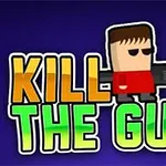 Ilustrácia zobrazujúca postavičku v červenom tričku s veľkou zbraňou a textom KILL THE GUY na modrom pozadí