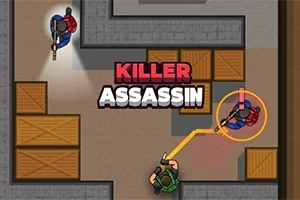 Dvaja ozbrojení figúrky sa skrývajú za drevenými debňami v bludisku s nápisom KILLER ASSASSIN v strede