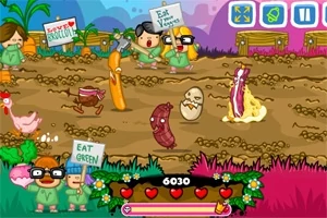 Animované postavičky v parku držia plagáty s nápismi Eat your veggies a Eat green, zatiaľ čo vo výbehu sú rôzne druhy jedla, ako párok v rožku a vajíčko