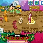 Animované postavičky v parku držia plagáty s nápismi Eat your veggies a Eat green, zatiaľ čo vo výbehu sú rôzne druhy jedla, ako párok v rožku a vajíčko