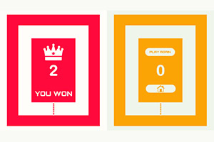 Crown symbol s textom „You won“ na červenom pozadí vľavo a nápis „Play again“ s číslom nula na oranžovom pozadí vpravo