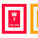 Crown symbol s textom „You won“ na červenom pozadí vľavo a nápis „Play again“ s číslom nula na oranžovom pozadí vpravo