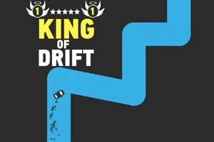 Čierne pozadie s modrou kľukatou cestou a názvom King of Drift s malým čiernym autom driftujúcim na ceste